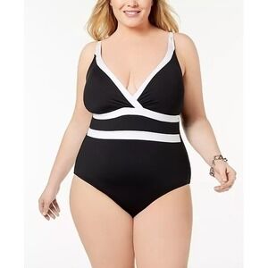 LA BLANCA Plus Size One Piece V Neck Tummy Control Swimsuit Black White Size 16W